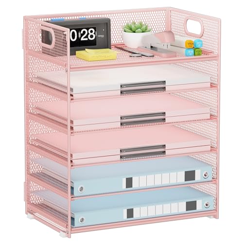 Pink Paper Organizer for Desk with Handle, 6-Tier | Metal Mesh File Organizer, Stackable Desktop Organizer for Office Supplies & Stationery Storage - color: Pink, size: 12.6" x 9.1" x 13.5"