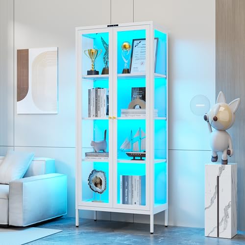 Polup 66" White Glass Display Cabinet with 8-Color LED for Collectibles | Metal Frame & Tempered Glass Doors, Motion Sensor LED, 3 Adjustable Shelves, 4-Tier Space, for Indoor Plants & Figures - color: White, size: 66"H-8 Color Lights