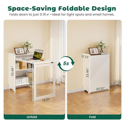 HDDFER Folding Desk with Built-in Outlet,for Small Spaces,Hidden Desk with Storage Shelf, Foldable Computer Desk for Bedroom Home Office, Mid Century Modern Fold Out Table Writing Table, White - color: White