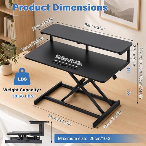 37" Height Adjustable Standing Desk Converter, 4.9" to18.5 Height Adjustable Sit Stand Up Desk Riser with Secondary Desks, Desktop Workstation Riser for Home Office Computer Laptop, Black - color: Black
