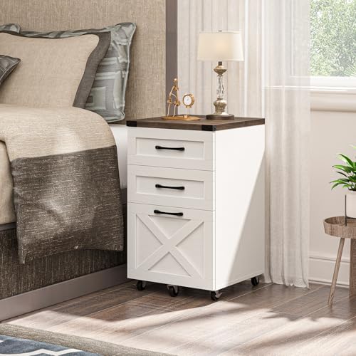Halitaa Farmhouse 3 Drawer Small File Cabinet with Wheels, Rustic White - color: Rustic White and Brown