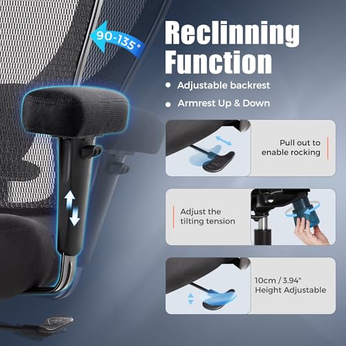 Big and Tall Office Desk Chair 500lbs,Ergonomic Heavy Duty Mesh Desk Chair | Executive Swivel Task Computer Chairs with Adjustable Lumbar Support and Armrests for Home Office (Black)