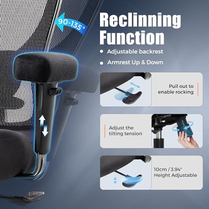 Big and Tall Office Desk Chair 500lbs,Ergonomic Heavy Duty Mesh Desk Chair | Executive Swivel Task Computer Chairs with Adjustable Lumbar Support and Armrests for Home Office (Black)