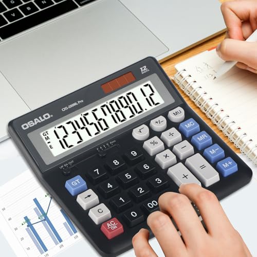 OSALO Extra Large Desktop Calculator Big Buttons 12 Digit, Solar, Black - size: OS-200ML Pro Black