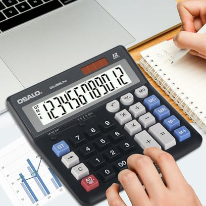 OSALO Extra Large Desktop Calculator Big Buttons 12 Digit, Solar, Black - size: OS-200ML Pro Black