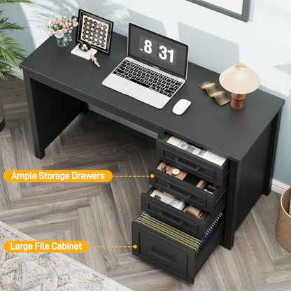Vabches Farmhouse 49” Executive Desk with File Drawer, Black | 4 Drawers Reversible Computer Desk with Storage, Rustic Home Writing Workstation for Home Office - color: 49in Black