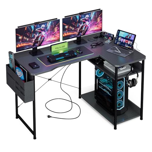 Acrolix L Shaped Gaming Desk 48 Inch - Computer Corner Desk with Power Outlets, Reversible Shelves & Storage Bag for Home Office, PC Gaming Table, Black Carbon - color: Black Carbon, size: 48inch-L shaped