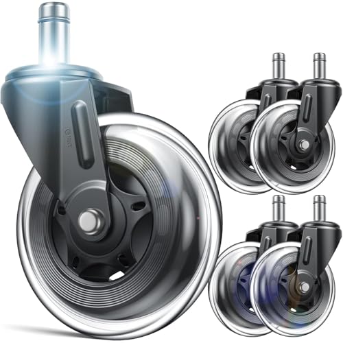 Office Chair Wheels Replacement, 3" Heavy Duty Rubber Caster Wheels for Hardwood Floors and Carpet, Quiet & Safe Wheels for Rolling Chair Set of 5, Easy Installation with Universal Fit