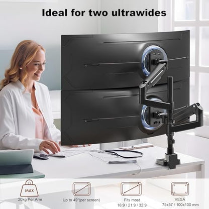 Heavy Duty Dual Monitor Arm for 17-49" Screens, Vertical Stack, 44lbs - color: Black