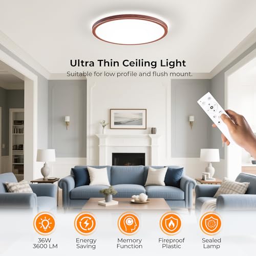 BLNAN LED Flush Mount Ceiling Light Fixture with Remote Control, 15.4 Inch 3000K-6500K Dimmable Round Low Profile Ceiling Lamp for Living Room Bedroom Kitchen - color: Brown, size: 15.4 inches