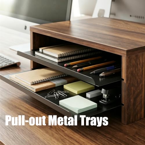 Fenge 14.3-Inch Monitor Stand with Slide-Out Trays, Wood & Metal Desk Shelf - color: Brown