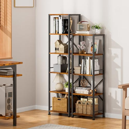 Furologee 6 Tier Tall Bookshelf, Industrial Narrow Bookcase, Display Standing Shelf Units, Metal and Wood Storage Rack Organizer for Living Room, Home Office, Entryway, Kitchen, Rustic Brown | 59.6'' Tall Industrial Display Shelf, Freestanding Units for B