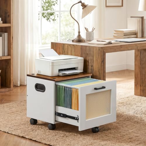 HOOBRO File Cabinet, Rolling File Cart, Under Desk Small Filing Cabinet, File Organizer Box, Home Office File Basket with Drawer for A4, Letter Files, White and Walnut WH11WJ01G1 - color: White + Walnut