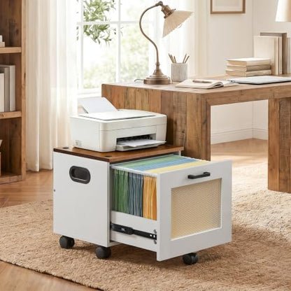 HOOBRO File Cabinet, Rolling File Cart, Under Desk Small Filing Cabinet, File Organizer Box, Home Office File Basket with Drawer for A4, Letter Files, White and Walnut WH11WJ01G1 - color: White + Walnut