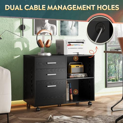 DEVAISE Wood File Cabinet, 3 Drawer Lateral Filing Cabinet Black - color: Black