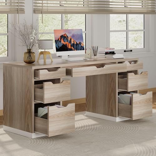 Computer Desk with 7 Drawers, Home Office Desk with Storage, Light Walnut | 54 Inch Writing Desk with 7 Drawers for Small Spaces, Study Desk for Bedroom