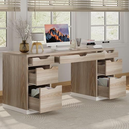 Computer Desk with 7 Drawers, Home Office Desk with Storage, Light Walnut | 54 Inch Writing Desk with 7 Drawers for Small Spaces, Study Desk for Bedroom
