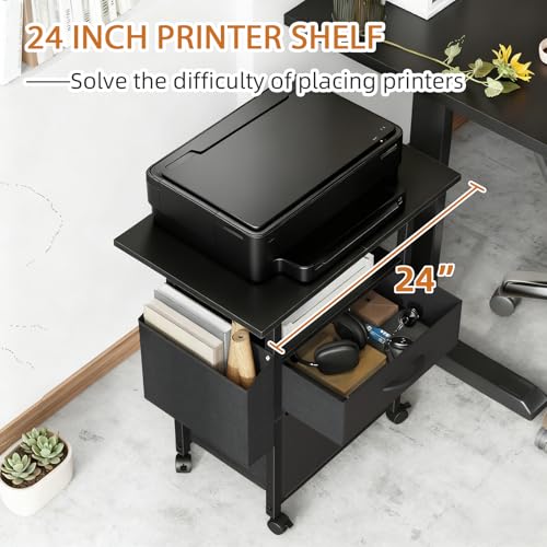 GYIIYUO 2 Drawer File Cabinet 24''W, Mobile Filing Cabinet, Printer Stand | 24'' Extended Desktop, Rolling, Side Bag, Fits A4/Letter Size, Home Office, Fabric Drawer, Black - color: Black