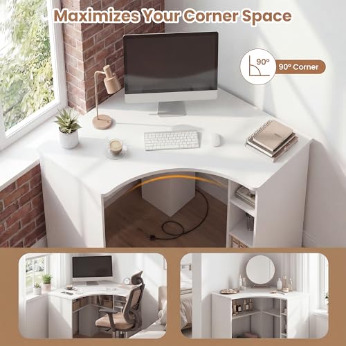 GOFLAME White Corner Desk with Charging Station, Small Corner Desk with Storage Shelves, Triangle Computer Desk, Study Writing Table for Home Office, Small Spaces