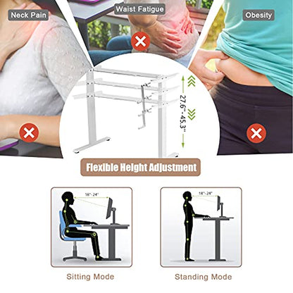 Sit to Stand Workstation Frame, Manual Height Adjustable Standing Desk Frame w/ Foldable Hand Crank, Cable Tray & Hanging Hook, Adjustable Footpads, Ergonomic Desk Frame for Home Office, Black (WHITE) - color: White