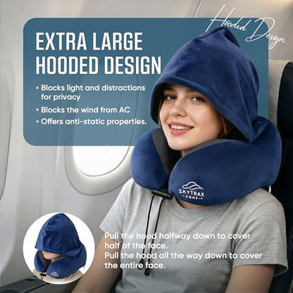 SkytraxComf® Travel Neck Pillow with Hood for Privacy on Long Flights | Memory Foam | Airplane Sleep | Safety-Tested Materials | Extra Large Hood | Chin Support | Earplugs | Washable Cover - color: Navy Blue