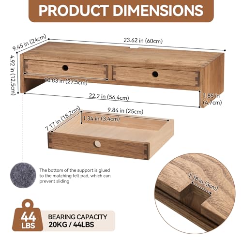 KIRIGEN Solid Wood Monitor Stand with 2 Drawers, Desk Riser, Brown PMJ-DBR