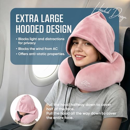SkytraxComf® Travel Neck Pillow with Hood for Privacy on Long Flights | Memory Foam | Airplane Sleep | Safety-Tested Materials | Extra Large Hood | Chin Support | Earplugs | Washable Cover - color: Pink