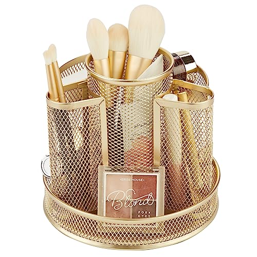 Annova Mesh Desk Organizer Rotate with 5 Compartments Round Spinning Tidy Candy/Pen Holder Desk Accessories Office, Art Supply, Storage, Classroom, Home (Gold) - color: Gold