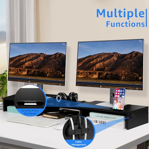 La Jaco Dual Monitor Stand Riser for 2 Monitors, Monitor Stand for Desk, Adjustable Length & Swivel Angle Wooden Desktop Organizer Stand Riser with Smartphone Holder for PC Monitor Laptop, Black