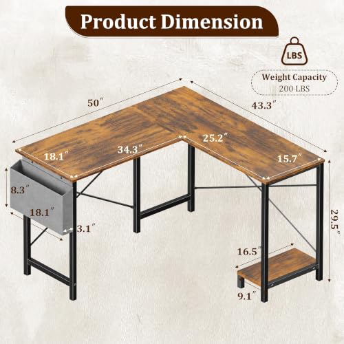 L Shaped Desk, 50 Inch Computer Desk Home Office Desk for Small Space Brown - color: Brown