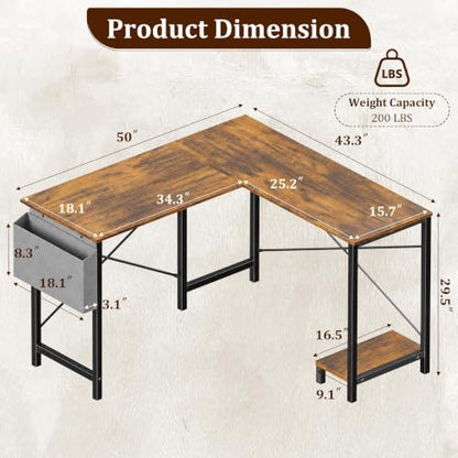 L Shaped Desk, 50 Inch Computer Desk Home Office Desk for Small Space Brown - color: Brown