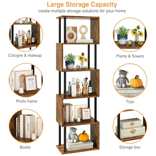 IBUYKE 6-Tier Tall Bookshelf,S-Shaped Geometric Bookcase,Brown WBC016H - color: Rustic Brown, size: 6 Tier