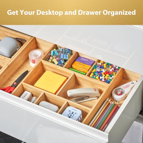 Umilife Extra Large Bamboo Desk Drawer Organizer, Wood Junk Organizer Tray with Adjustable Dividers, Anti-Skip Storage Organization in Office Bathroom Drawer for Vanity, Makeup, 17" x 12" - size: 17"x12"