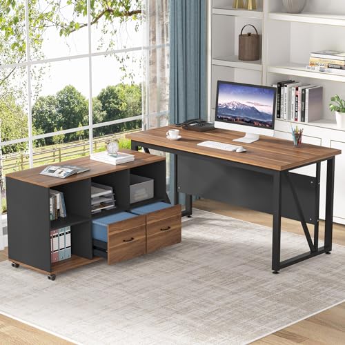 Tribesigns 55-Inch Executive Computer Desk with 43-Inch Lateral File Cabinet, Large Workstation Business Furniture, L Shaped Desk with Drawers and Storage Shelves for Home Office, Walnut - color: Walnut & Gray, size: 55
