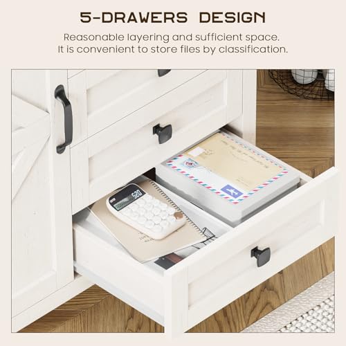 Vabches 5 Drawer Storage Cabinet, Rustic White Office Storage Cabinet | Office Storage Drawer with Door and Adjustable Shelf, Large Farmhouse Printer Stand for Home Office, Rustic White