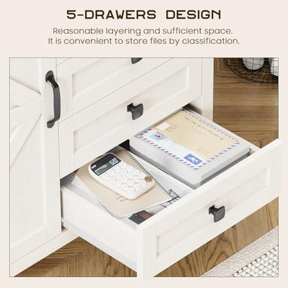 Vabches 5 Drawer Storage Cabinet, Rustic White Office Storage Cabinet | Office Storage Drawer with Door and Adjustable Shelf, Large Farmhouse Printer Stand for Home Office, Rustic White