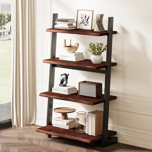 IBF 4-Tier Solid Wood Ladder Bookshelf with Natural Live Edge | Rustic Walnut Storage & Display Leaning Bookcase, Modern Space-Saving Shelf for Living Room, Bedroom, Home Office - size: 4 Tier