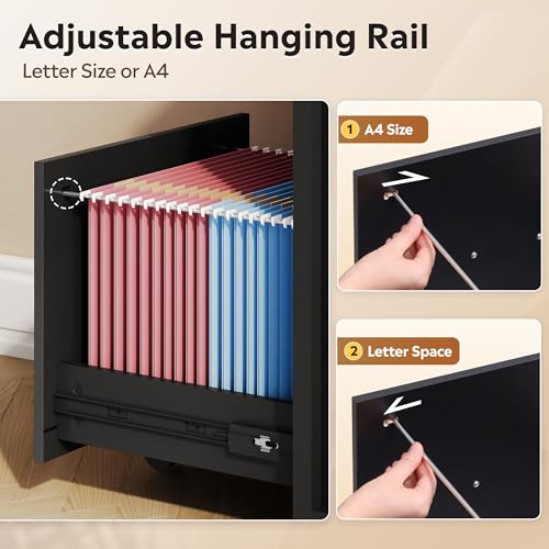 DEVAISE 3 Drawer Vertical File Cabinet | Rolling Wooden Filing Cabinet Mobile Printer Stand for Home Office, 15.7" D x 17.7" W x 40.3" H - color: Black, size: 15.7"D X 17.7"W X 40.3"H (Adjustable)