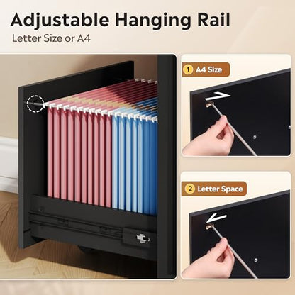 DEVAISE 3 Drawer Vertical File Cabinet | Rolling Wooden Filing Cabinet Mobile Printer Stand for Home Office, 15.7" D x 17.7" W x 40.3" H - color: Black, size: 15.7"D X 17.7"W X 40.3"H (Adjustable)