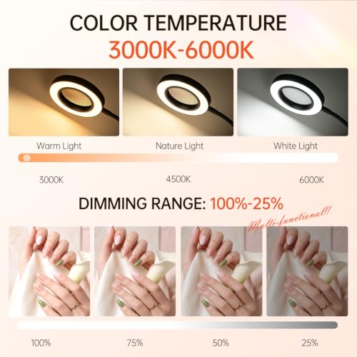 Mlogiroa UV LED Nail Lamp with 6X Magnifier Dual Head Nail Dryer for DIY | 3 Color Temps 4 Brightness, Flexible Gooseneck, USB powered for Gel Curing Repair Reading Hobby, Home Salon