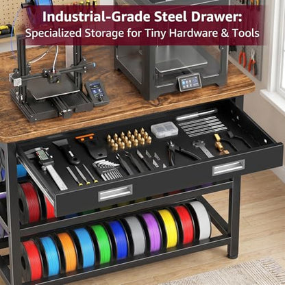 Heavy Duty 3D Printer Stand with Storage, 3D Printer Table with Metal Drawer,Sturdy 3-Tier Metal 3 D Printing Desk for 3 D Printers,Brown - color: Brown