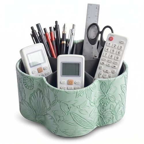Flower Shaped Leather Art Supply Organizer,Remote Control Holder,360 Degree Spinning,Multi-Functional Pencil Holder,5 Compartments Desktop Stationary Organizer(1-Flower Green) - color: 1-Flower Green, size: 360 Degree Rotation