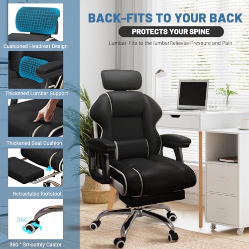 Executive Computer Chair Home Office Desk Chair,Adjustable Angle, Ergonomic Adjustable Height PU Leather Chairs with Cushions Armrest for Long Time Seating-High Office Chair with Footrest - color: Black