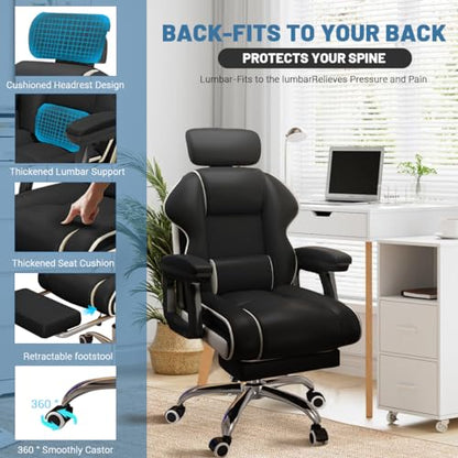 Executive Computer Chair Home Office Desk Chair,Adjustable Angle, Ergonomic Adjustable Height PU Leather Chairs with Cushions Armrest for Long Time Seating-High Office Chair with Footrest - color: Black
