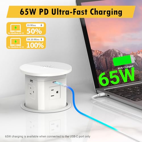 4" Pop up Power Outlets with 10W Wireless Charger, 65W USB C, Max 15A 1875W | Pop up Outlet for Countertop, 4 USB Ports, Receptacle Charging Station