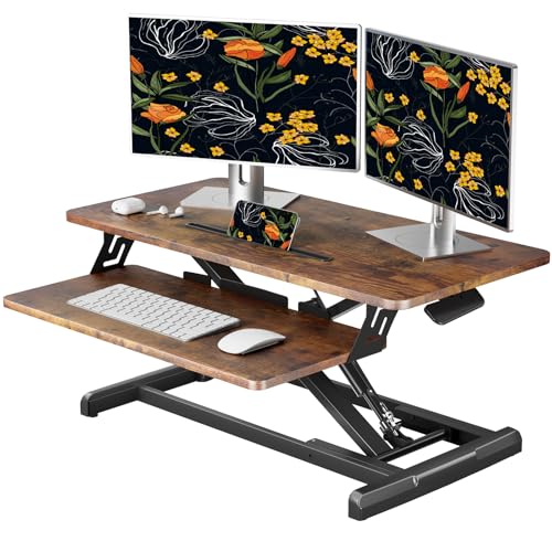 JOY worker Standing Desk Converter, 32" Wide Height Adjustable Sit Stand Up Desk Riser with Keyboard Tray, Desktop Workstation Riser for Home Office Computer Laptop, Particle Board, Rustic - color: Rustic Brown, size: 32 Inch