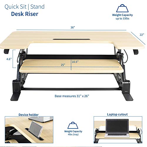 VIVO 36 inch Height Adjustable Stand Up Desk Converter, V Series, Quick Sit to Stand Tabletop Dual Monitor Riser Workstation, Light Wood Top, Black Frame, DESK-V000VO | Height Adjustable, Stand Up Desk Riser, Wide Keyboard Tray, Dual Monitor and Laptop Wo