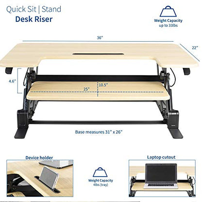 VIVO 36 inch Height Adjustable Stand Up Desk Converter, V Series, Quick Sit to Stand Tabletop Dual Monitor Riser Workstation, Light Wood Top, Black Frame, DESK-V000VO | Height Adjustable, Stand Up Desk Riser, Wide Keyboard Tray, Dual Monitor and Laptop Wo