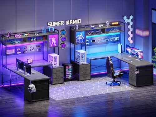 SEDETA Reversible L Shaped Gaming Desk with 6 Drawers, Hutch, Led Lights - color: Grey