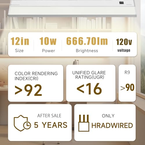 Hardwired Under Cabinet Lighting, 12in 10W LED Light for Kitchen/Closet, 666.7lm, CRI>92, R9>90, Dimmable, 5 Color Temperature, 2700K-5000K(Warm White, Cool White, Daylight) - size: 12 inch